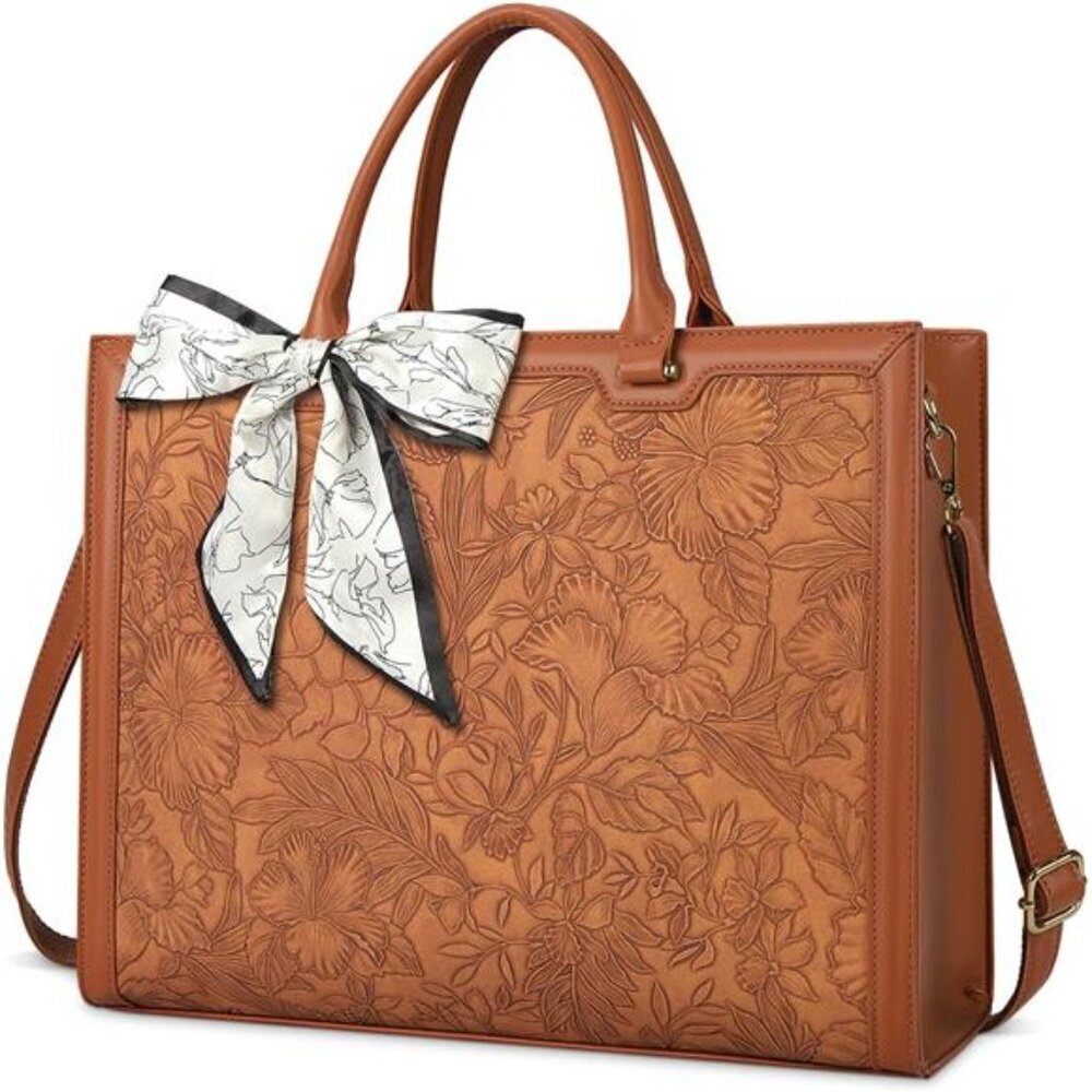 Floral Embossed Tan Tote Bag with Bow Accent